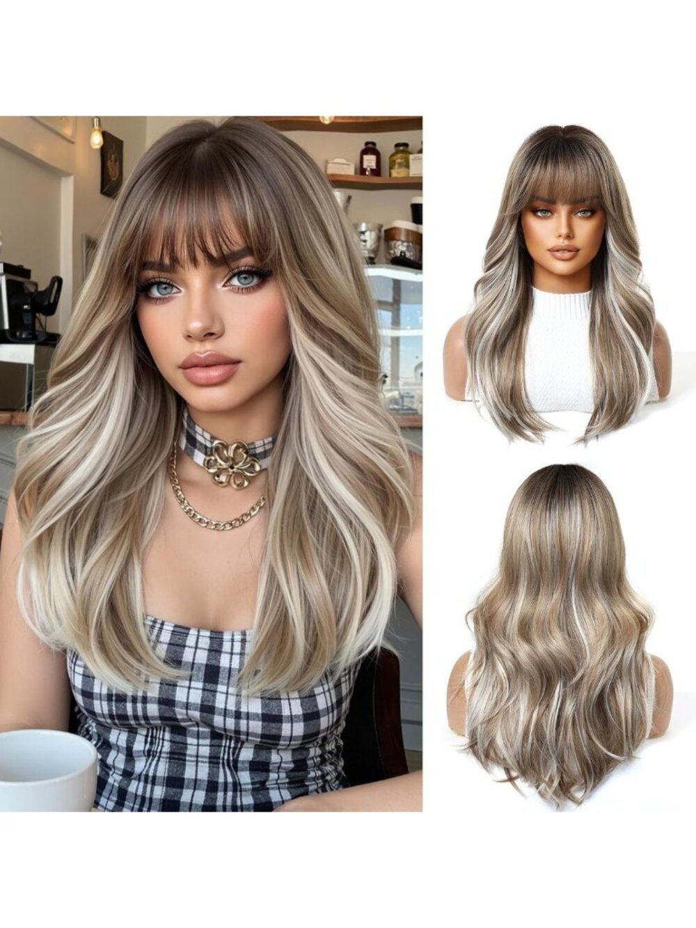 Long Wavy Ombre Blonde Wig with Bangs - Heat Resistant Synthetic Hair for